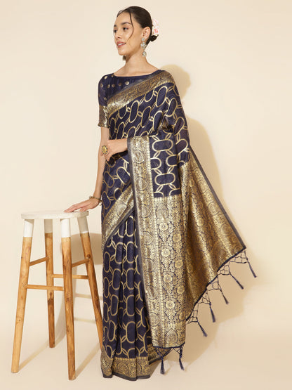 Janasya Navy Blue Chanderi Silk Woven Geometric Chanderi Silk Saree
