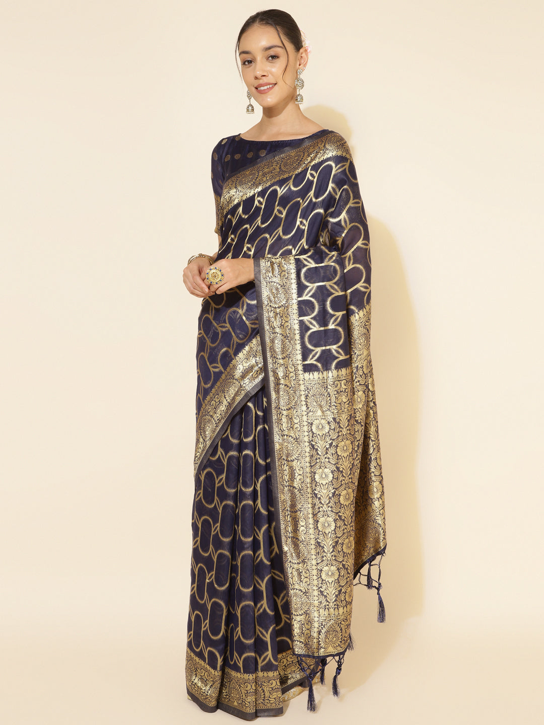 Janasya Navy Blue Chanderi Silk Woven Geometric Chanderi Silk Saree