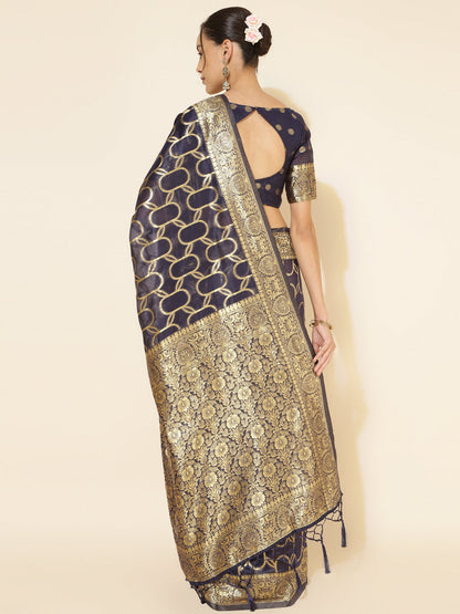 Janasya Navy Blue Chanderi Silk Woven Geometric Chanderi Silk Saree