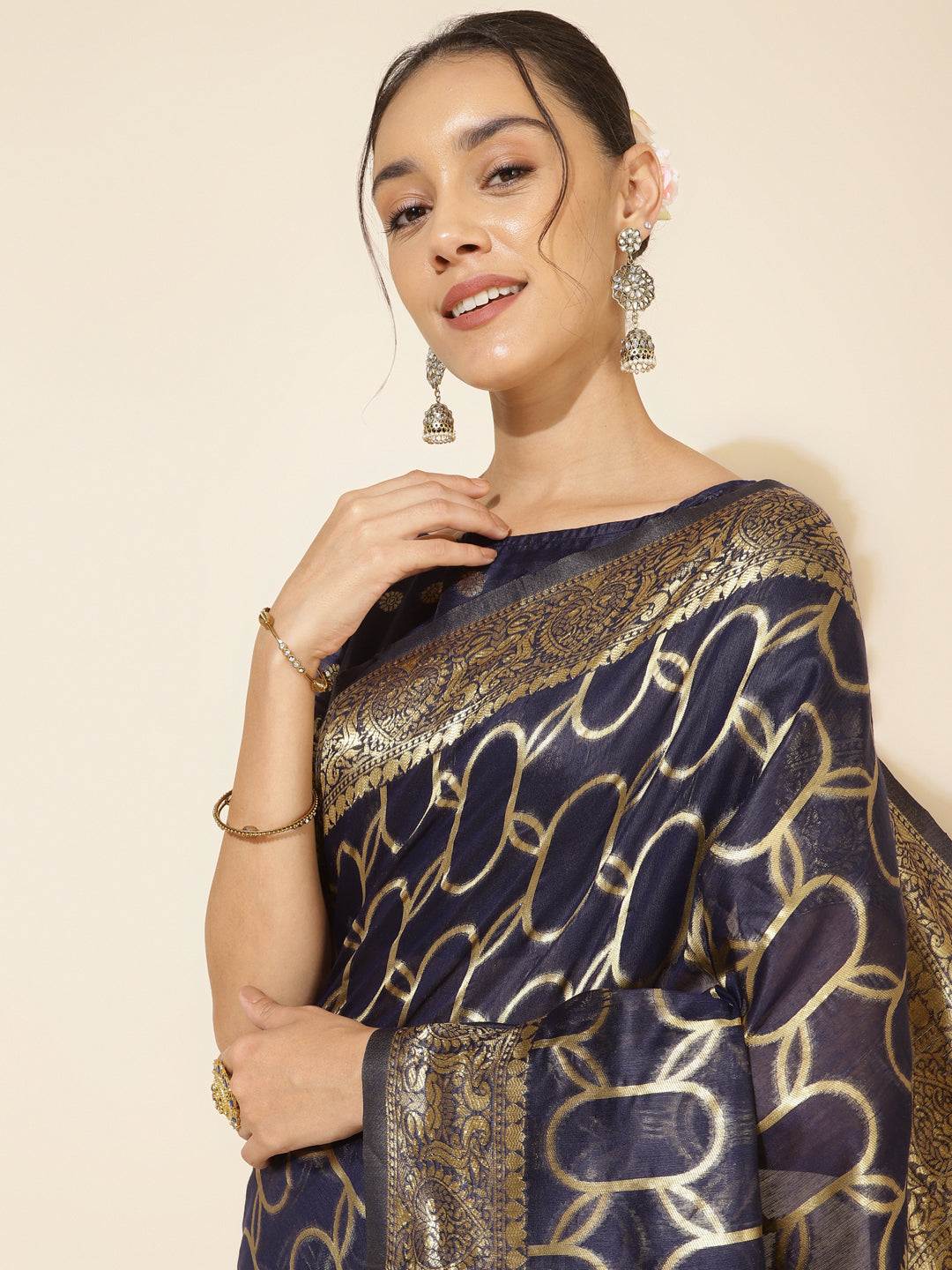 Janasya Navy Blue Chanderi Silk Woven Geometric Chanderi Silk Saree