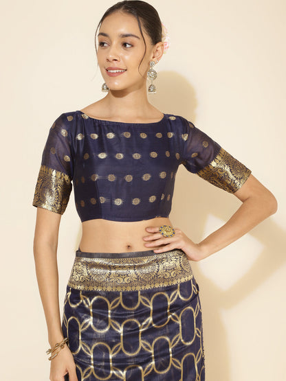 Janasya Navy Blue Chanderi Silk Woven Geometric Chanderi Silk Saree