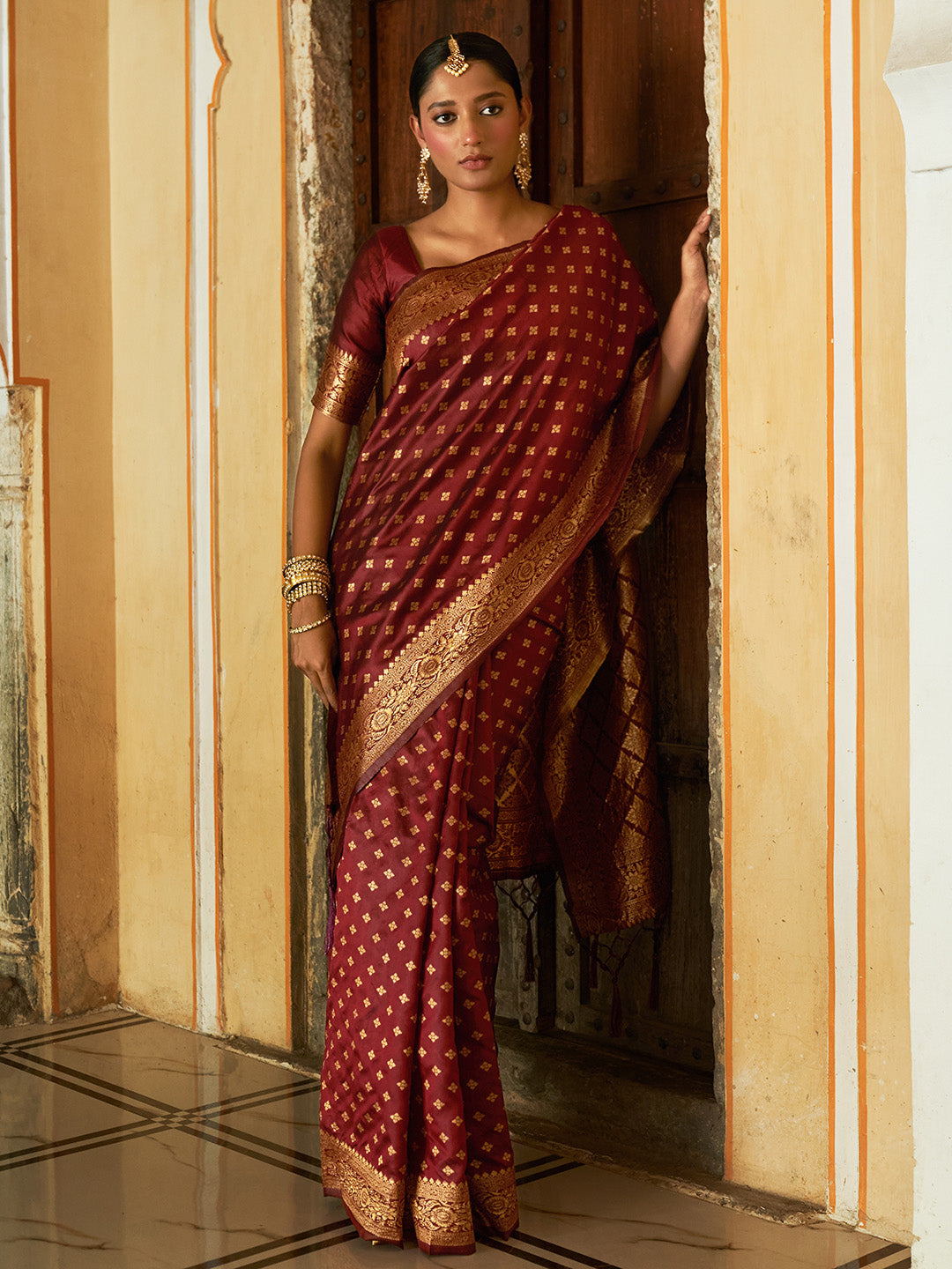 Janasya Maroon Banarasi Silk Woven Ethnic Motifs Woven Design Saree
