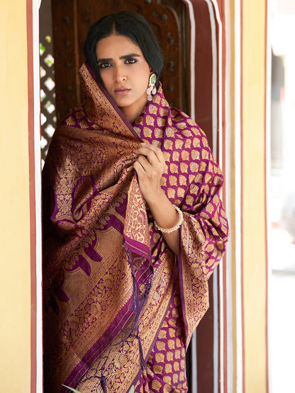 Janasya Wine Banarasi Silk Woven Ethnic Motifs Woven Design Saree
