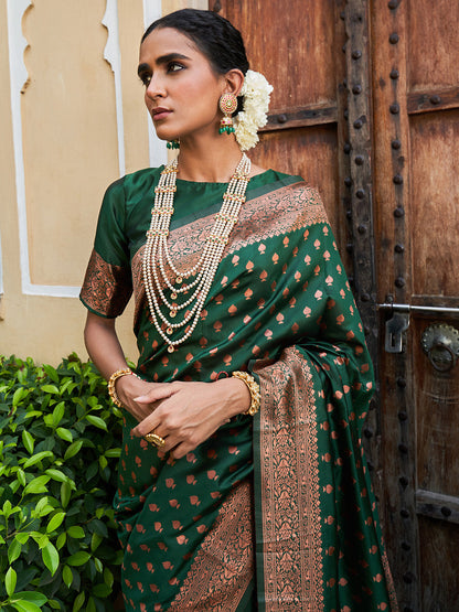 Janasya Green Banarasi Silk Ethnic Motifs Woven Design Saree