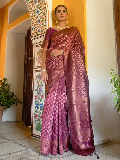 Janasya Wine Banarasi Silk Woven Ethnic Motifs Banarasi Silk Saree