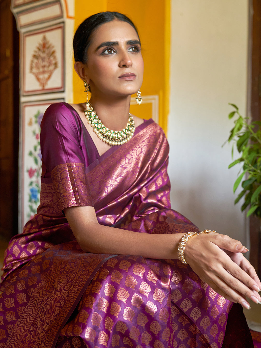 Janasya Wine Banarasi Silk Woven Ethnic Motifs Banarasi Silk Saree