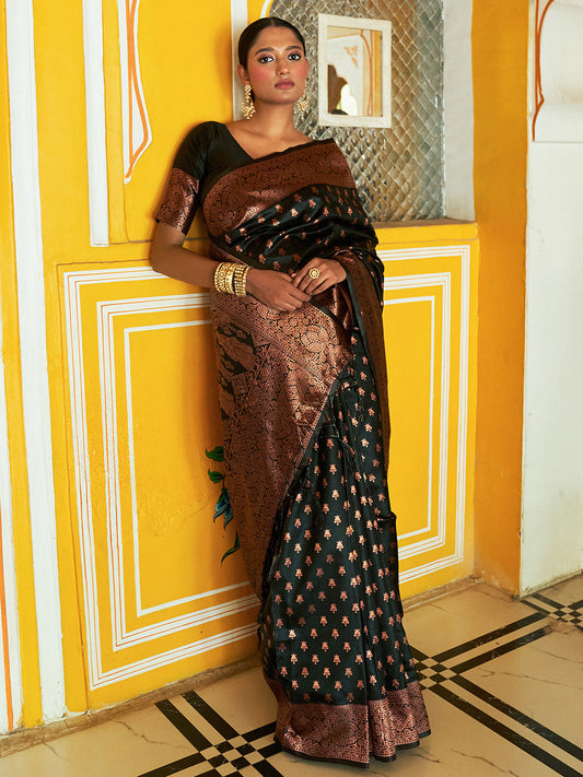 Janasya Black Banarasi Silk Ethnic Motifs Woven Design Saree