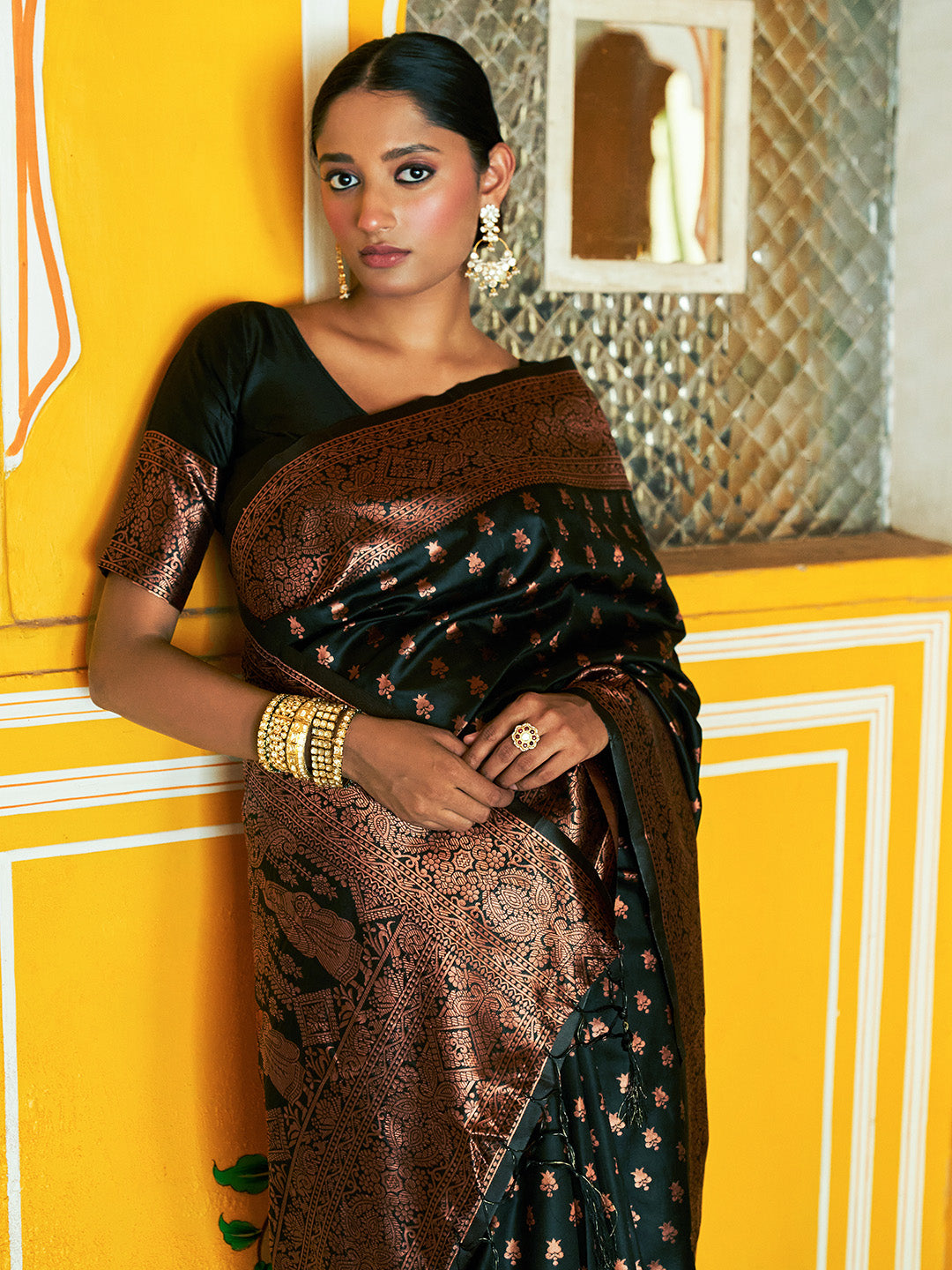 Janasya Black Banarasi Silk Ethnic Motifs Woven Design Saree