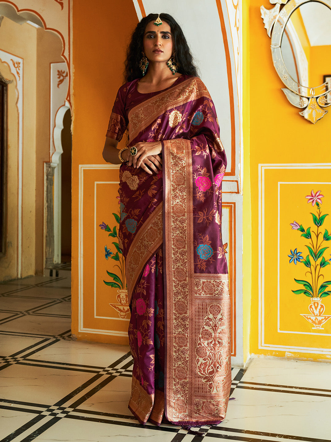 Janasya Wine Banarasi Silk Ethnic Motifs Woven Design Saree
