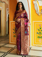 Janasya Wine Banarasi Silk Ethnic Motifs Woven Design Saree