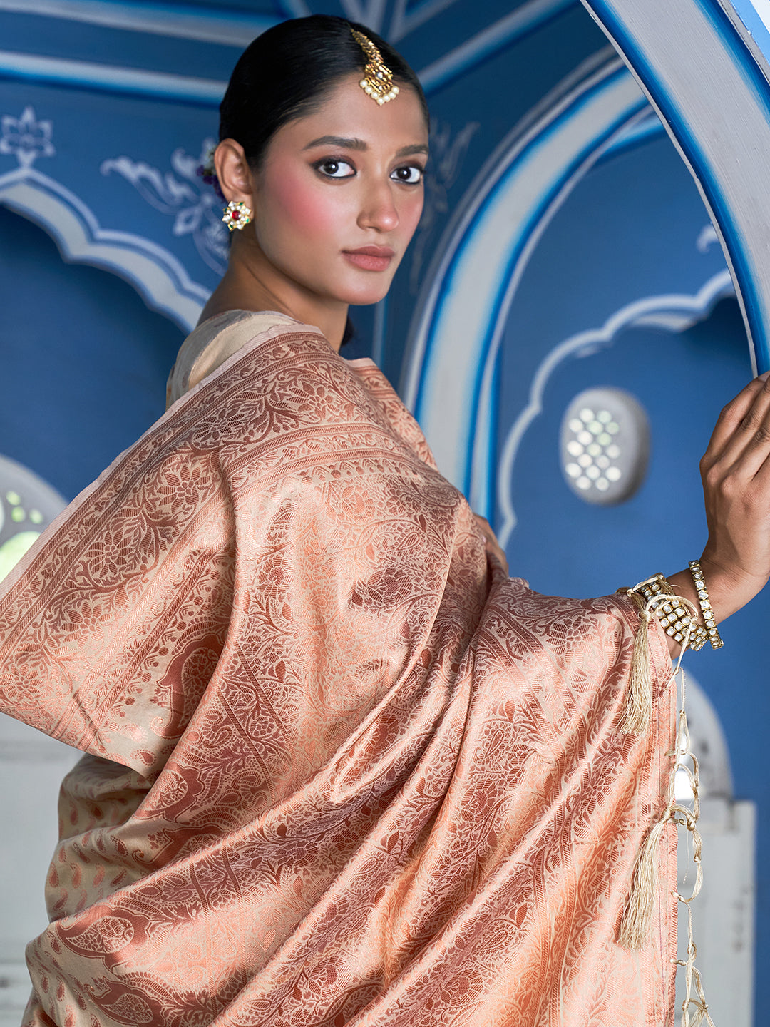 Janasya Beige Chanderi Silk Paisley Woven Design Saree