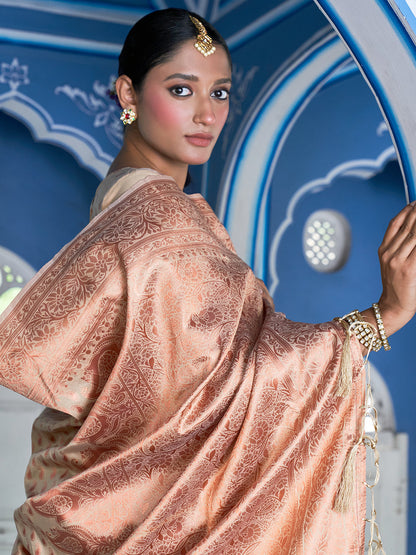 Janasya Beige Chanderi Silk Paisley Woven Design Saree