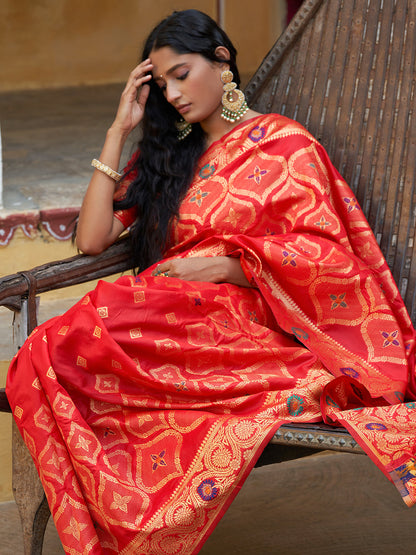 Janasya Red Banarasi Silk Ethnic Motifs Woven Design Saree