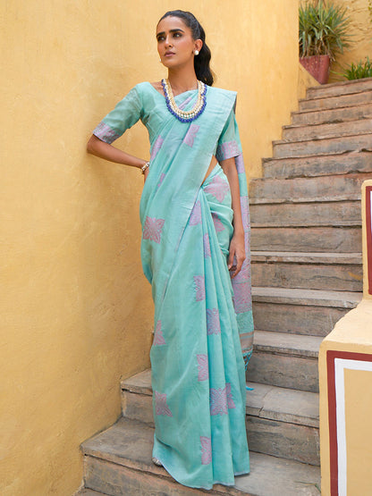 Janasya Sea Green Kanjeevaram Silk Woven Ethnic Motifs Kanjeevaram Silk Saree