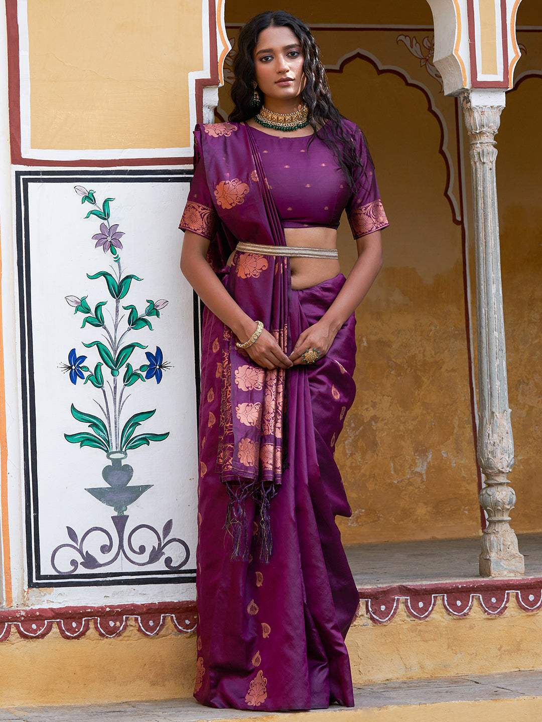 Janasya Wine Kanjeevaram Silk Woven Ethnic Motifs Kanjeevaram Silk Saree