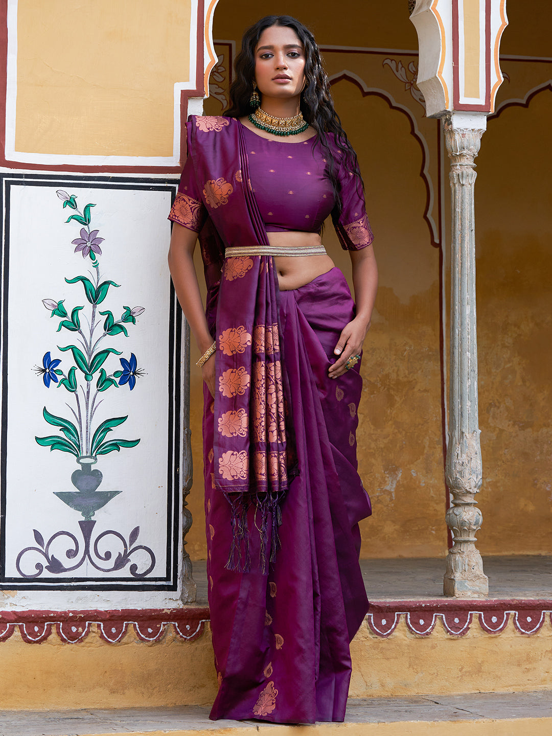 Janasya Wine Kanjeevaram Silk Woven Ethnic Motifs Kanjeevaram Silk Saree