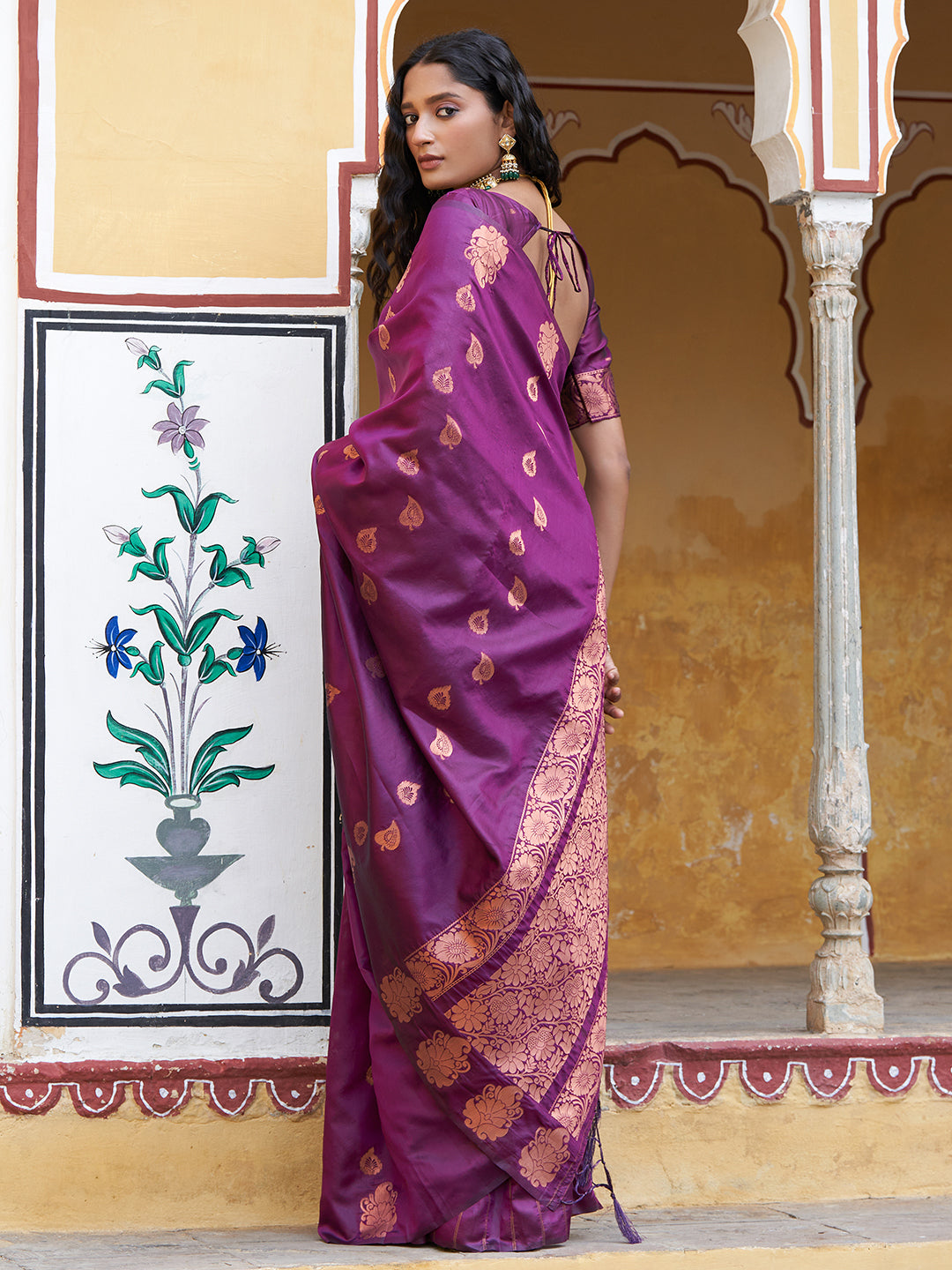 Janasya Wine Kanjeevaram Silk Woven Ethnic Motifs Kanjeevaram Silk Saree