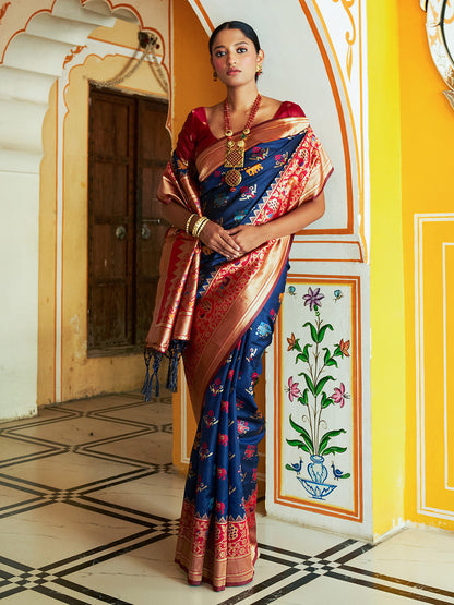 Janasya Navy Blue Cotton Silk Woven Ethnic Motifs Patola Saree