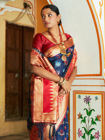 Janasya Navy Blue Cotton Silk Woven Ethnic Motifs Patola Saree