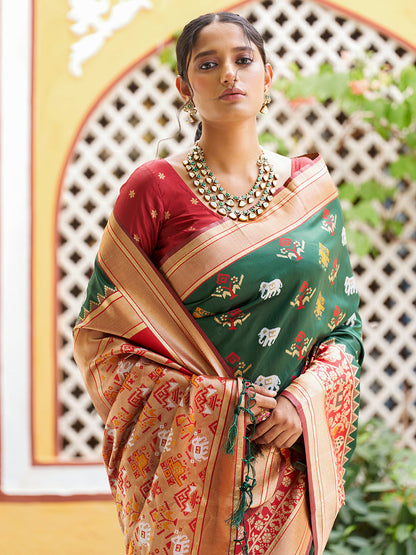 Janasya Green Cotton Silk Woven Ethnic Motifs Patola Saree