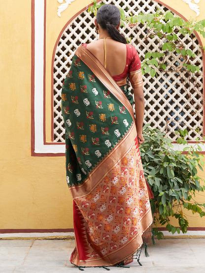 Janasya Green Cotton Silk Woven Ethnic Motifs Patola Saree