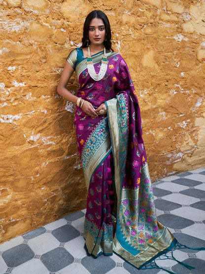 Janasya Wine Cotton Silk Woven Ethnic Motifs Patola Saree