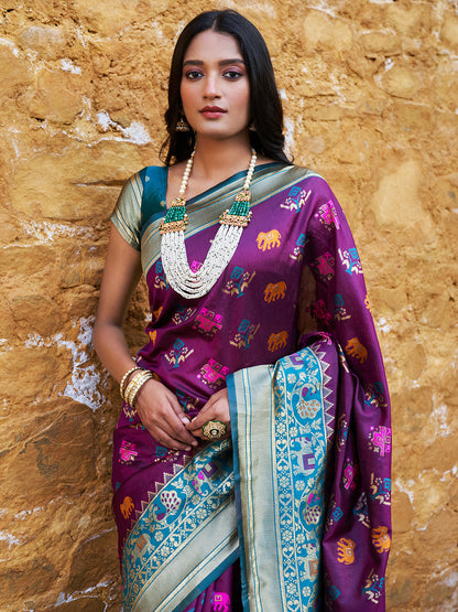 Janasya Wine Cotton Silk Woven Ethnic Motifs Patola Saree