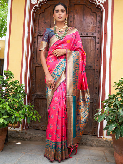 Janasya Pink Cotton Silk Woven Ethnic Motifs Patola Saree