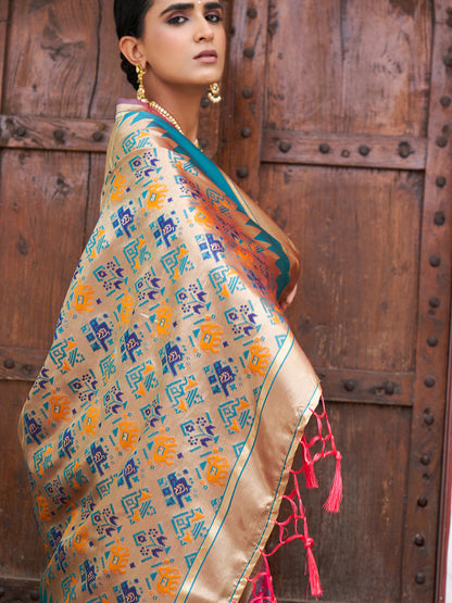 Janasya Pink Cotton Silk Woven Ethnic Motifs Patola Saree