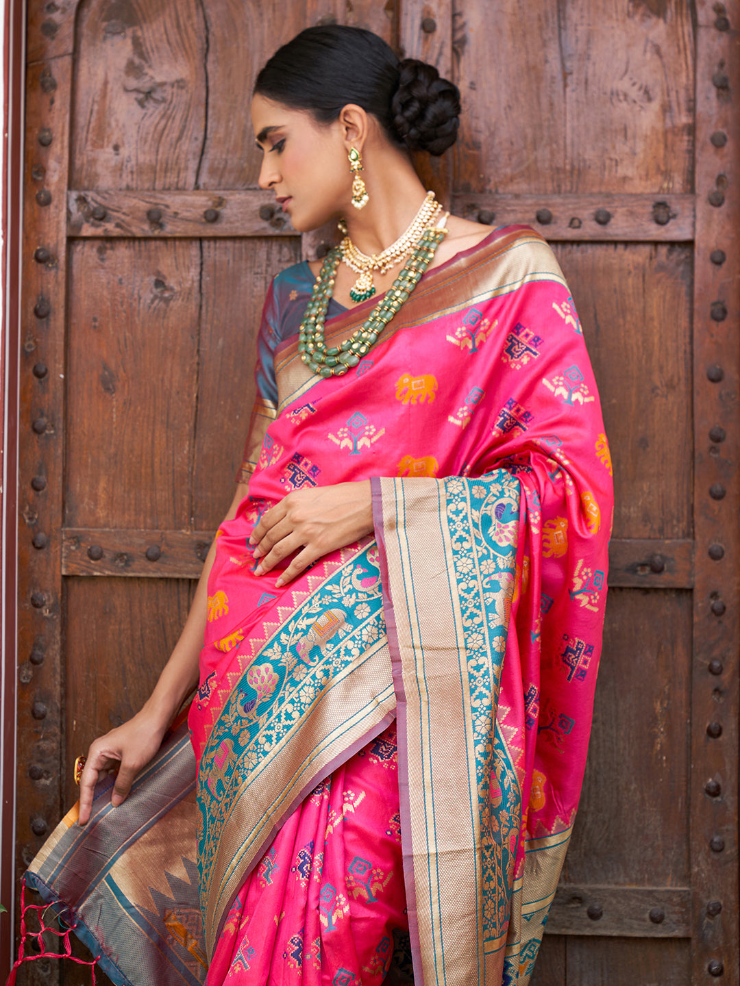 Janasya Pink Cotton Silk Woven Ethnic Motifs Patola Saree