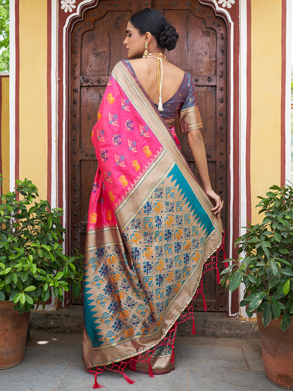 Janasya Pink Cotton Silk Woven Ethnic Motifs Patola Saree