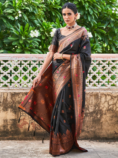Janasya Black Banarasi Silk Woven Floral Design Banarasi Silk Saree