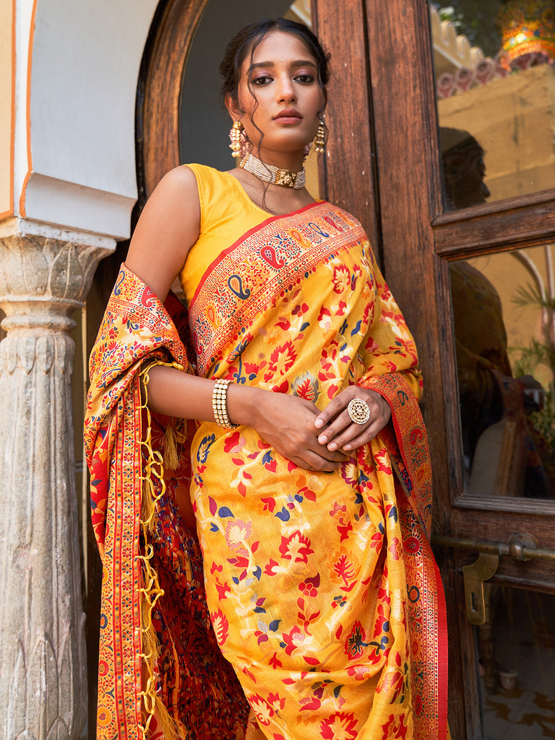 Janasya Yellow Chanderi Silk Pashmina Woven Design Saree