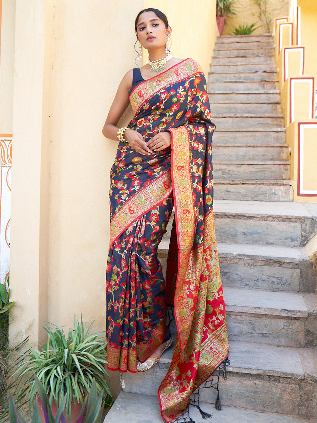 Janasya Navy Blue Chanderi Silk Pashmina Woven Design Saree
