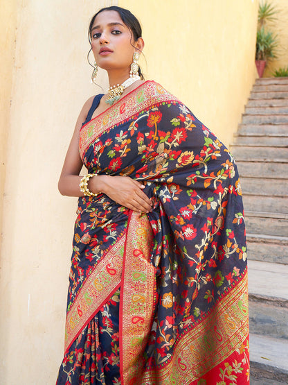 Janasya Navy Blue Chanderi Silk Pashmina Woven Design Saree