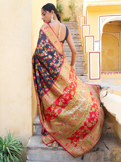 Janasya Navy Blue Chanderi Silk Pashmina Woven Design Saree
