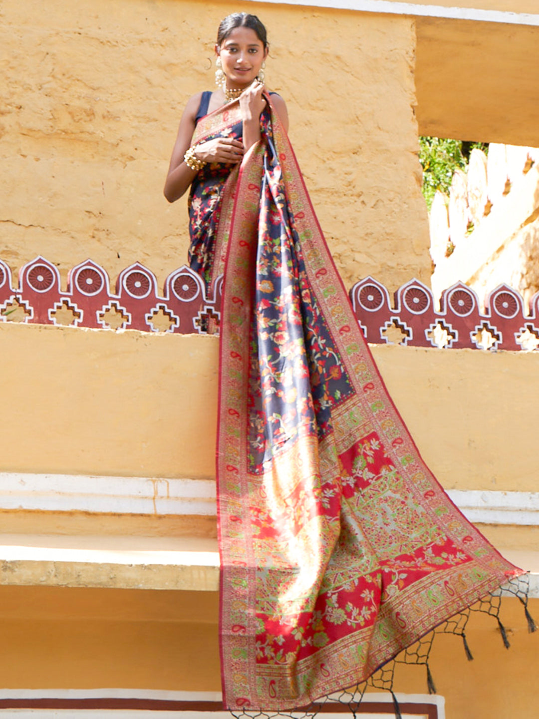 Janasya Navy Blue Chanderi Silk Pashmina Woven Design Saree