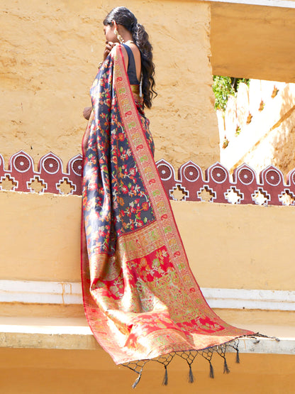 Janasya Navy Blue Chanderi Silk Pashmina Woven Design Saree
