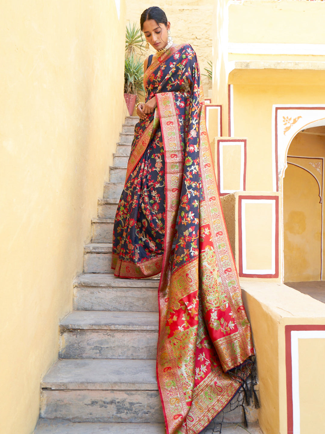 Janasya Navy Blue Chanderi Silk Pashmina Woven Design Saree