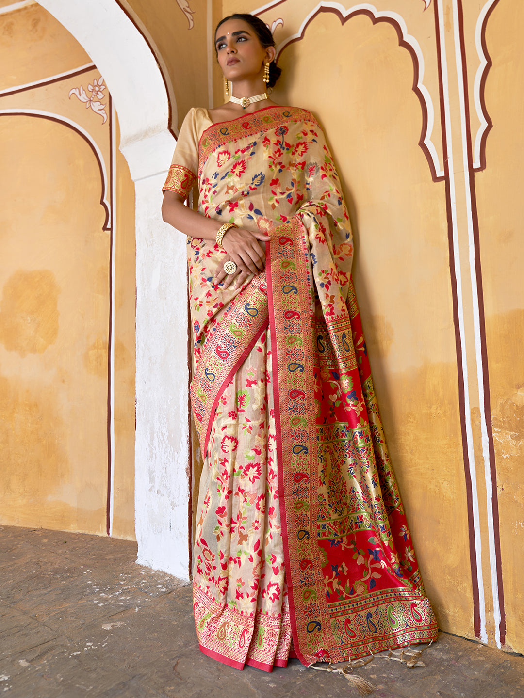 Janasya Beige Chanderi Silk Pashmina Woven Design Saree
