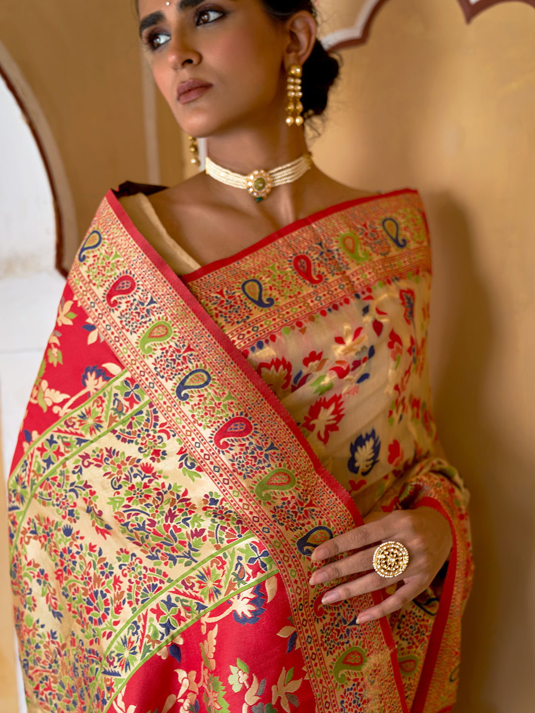 Janasya Beige Chanderi Silk Pashmina Woven Design Saree