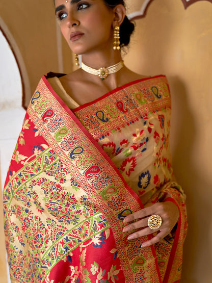 Janasya Beige Chanderi Silk Pashmina Woven Design Saree