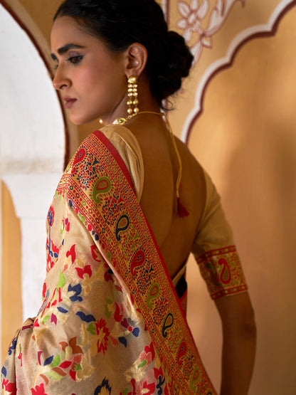 Janasya Beige Chanderi Silk Pashmina Woven Design Saree