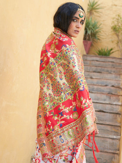 Janasya White Chanderi Silk Pashmina Woven Design Saree