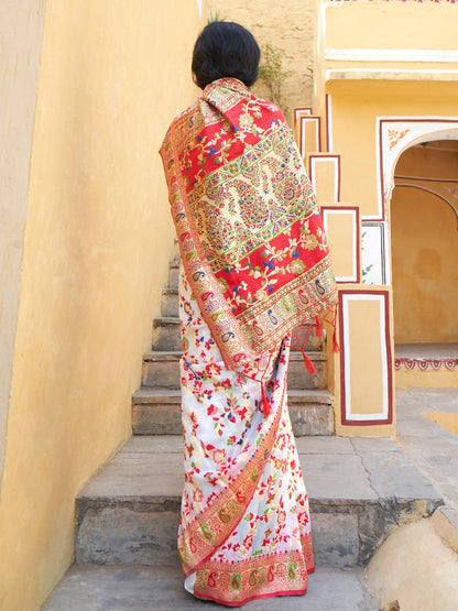 Janasya White Chanderi Silk Pashmina Woven Design Saree