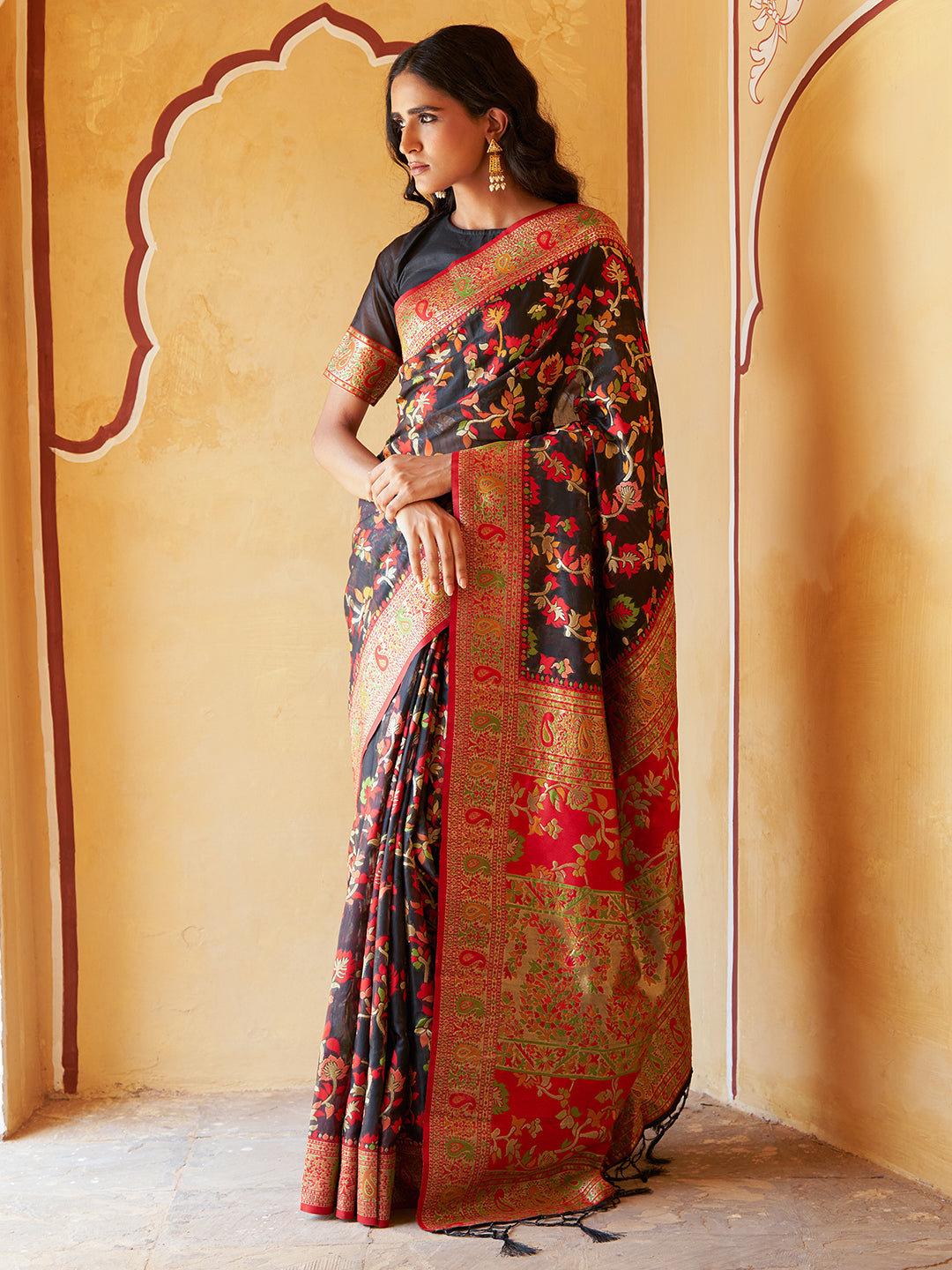 Janasya Black Chanderi Silk Pashmina Woven Design Saree