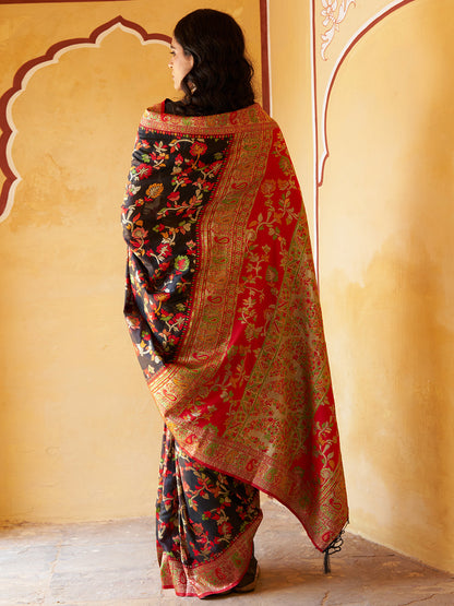 Janasya Black Chanderi Silk Pashmina Woven Design Saree
