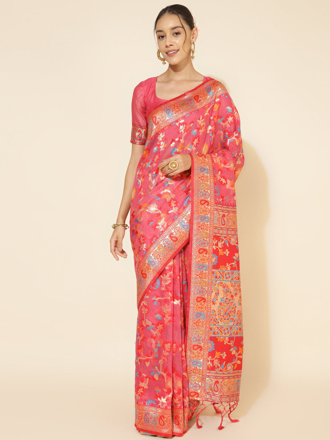 Janasya Pink Chanderi Silk Pashmina Woven Design Saree