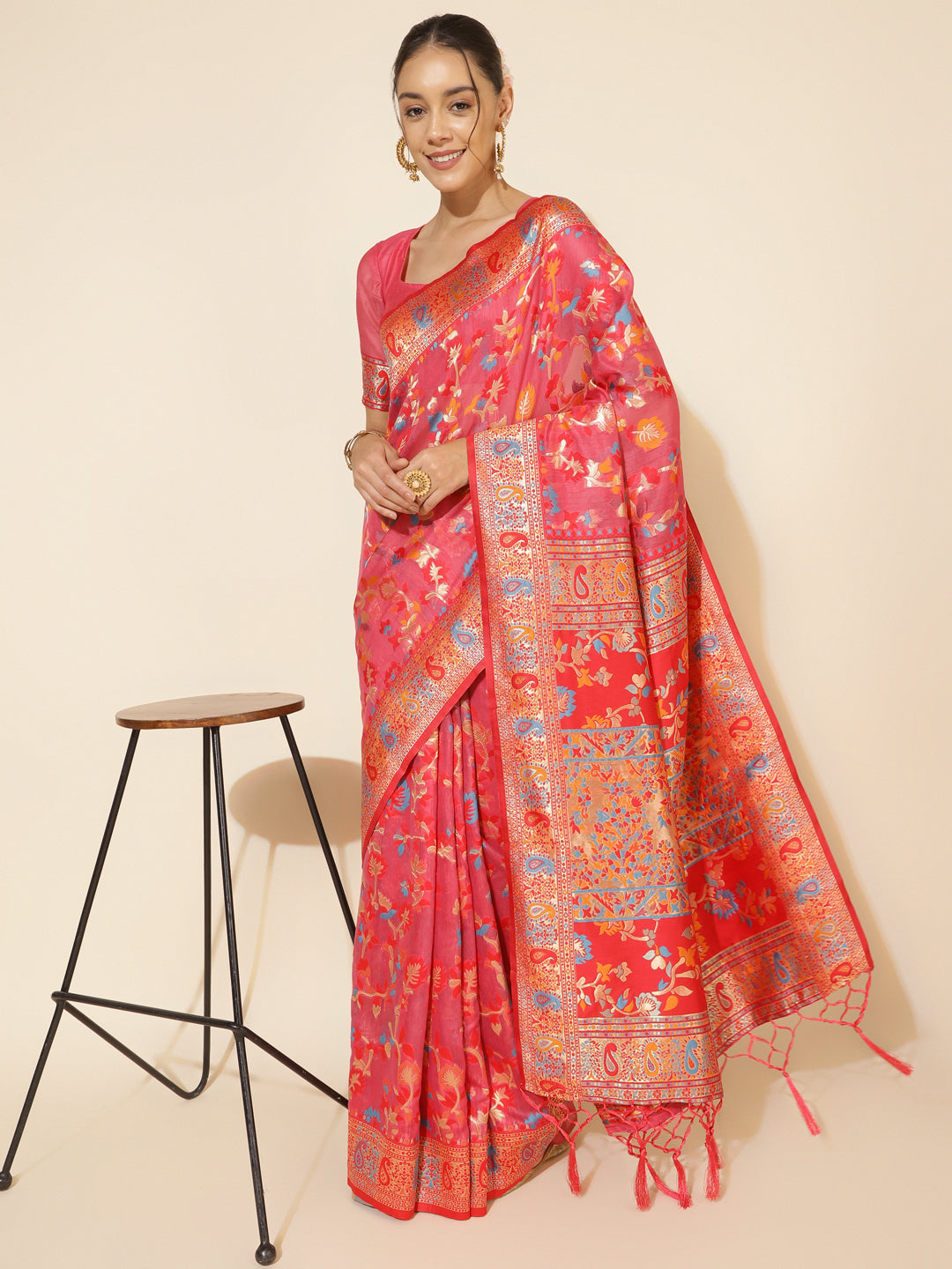 Janasya Pink Chanderi Silk Pashmina Woven Design Saree