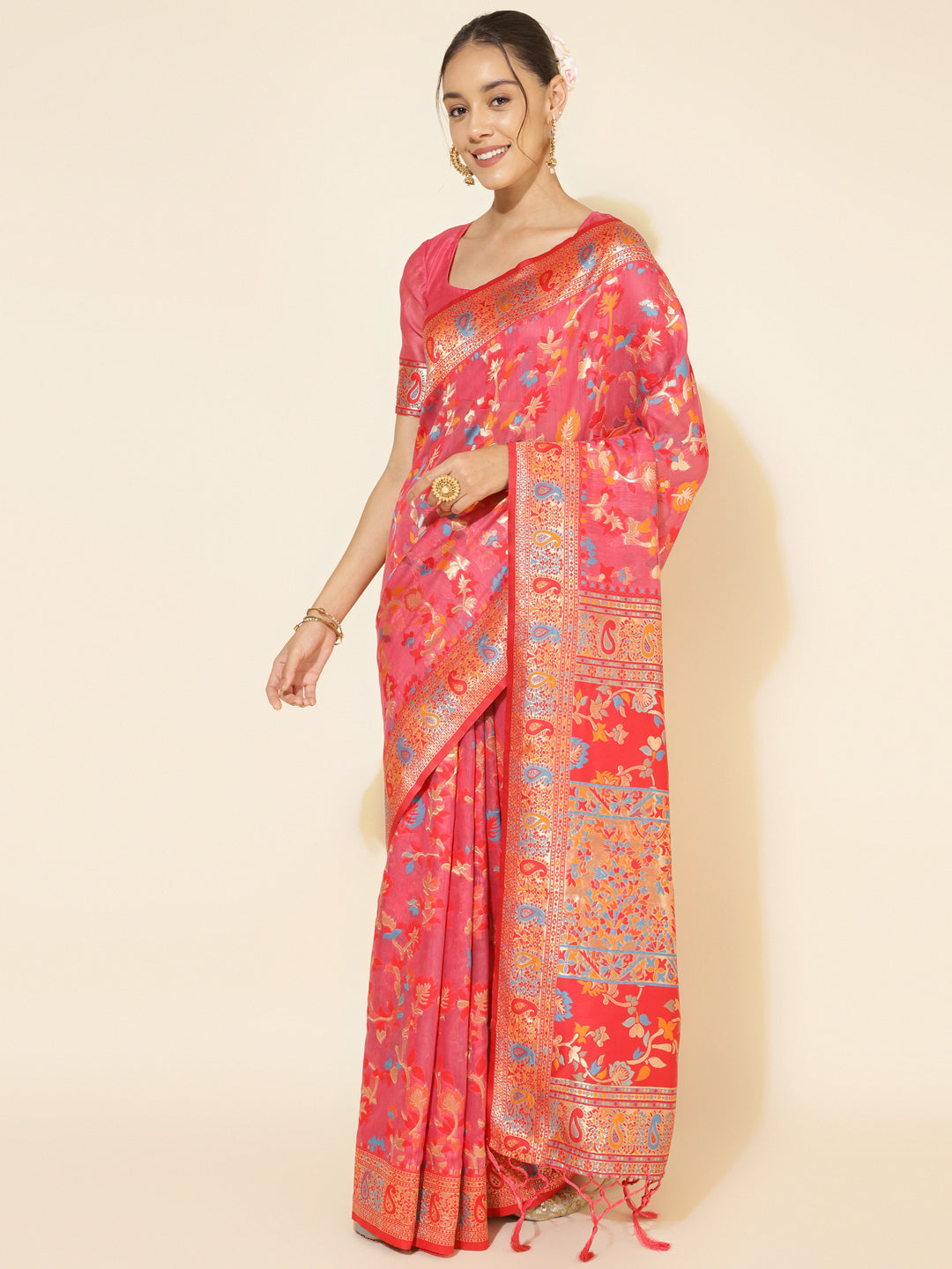 Janasya Pink Chanderi Silk Pashmina Woven Design Saree